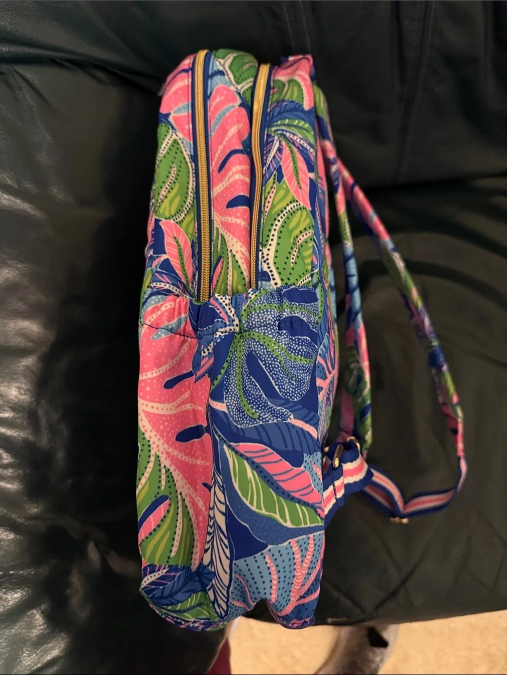 Tropical Leaf Print Backpack in Blue and Pink